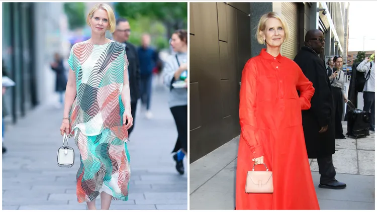 飾演「米蘭達」的Cynthia Nixon佩戴Valextra Babila Boston及Iside Micro包。品牌提供