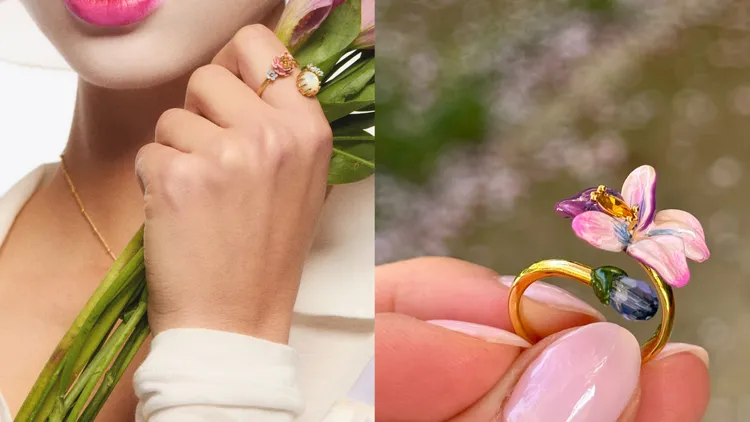 花卉元素注入繽紛色調後，在首飾上綻放出全新姿態。品牌提供