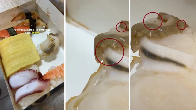 網友錄下「蛆」一直鑽進壽司肉裡若隱若現的情景。翻攝自周姓網友臉書