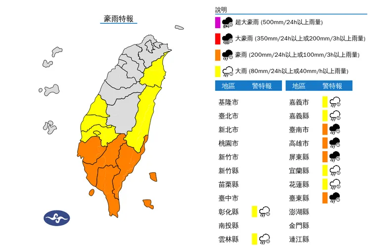 中央氣象署今（13）日稍早（更新至凌晨5時20分）針對10縣市發報豪大雨特報。中央氣象署