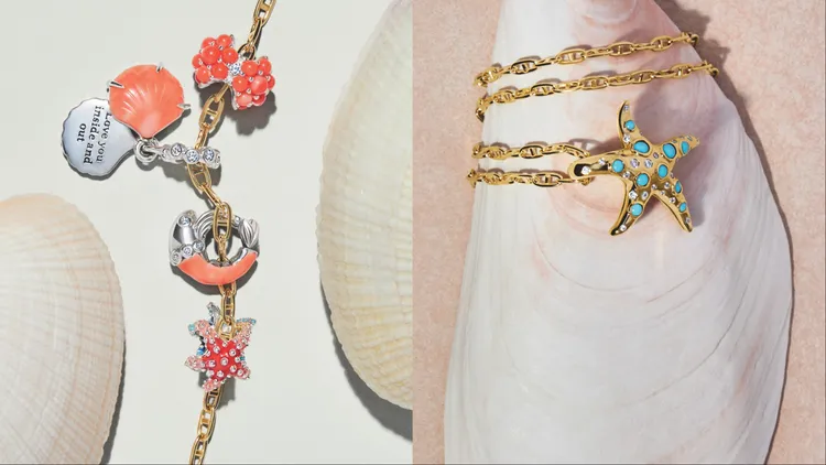 PANDORA Moments系列將貝殼、海星等海洋生物以綠松石、珊瑚橘等色彩呈現。品牌提供