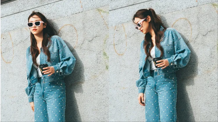 吳姍儒以同套SANDRO水鑽珍珠牛仔套裝搭配墨鏡，穿出酷帥風格。翻攝吳姍儒IG