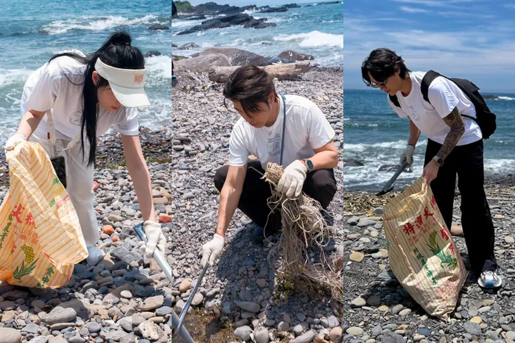 丫頭（左起）、森田、Vic等清理大量海洋垃圾。快電商提供