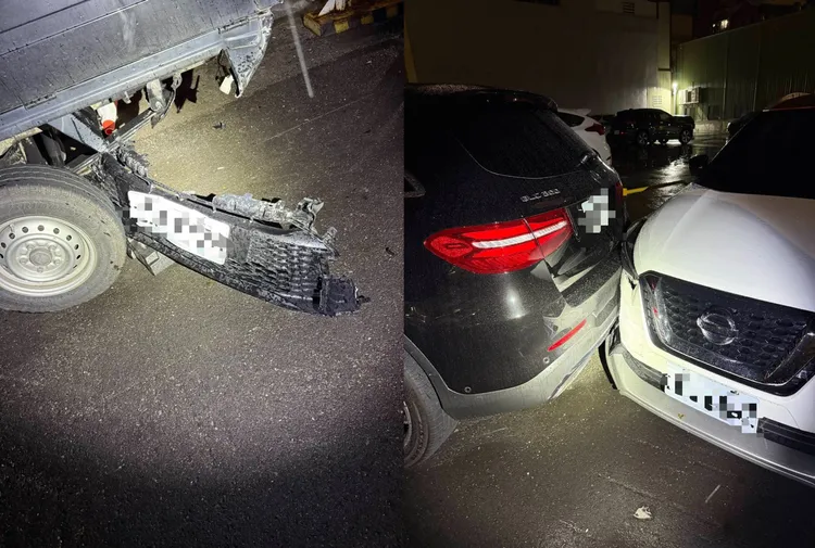 李女轎車保險桿掉落，車牌還黏在上面。民眾提供