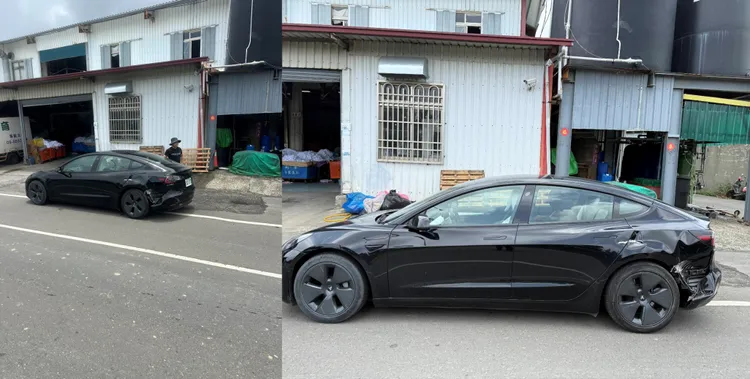 黑色特斯拉左後方車身受損嚴重。投訴人提供