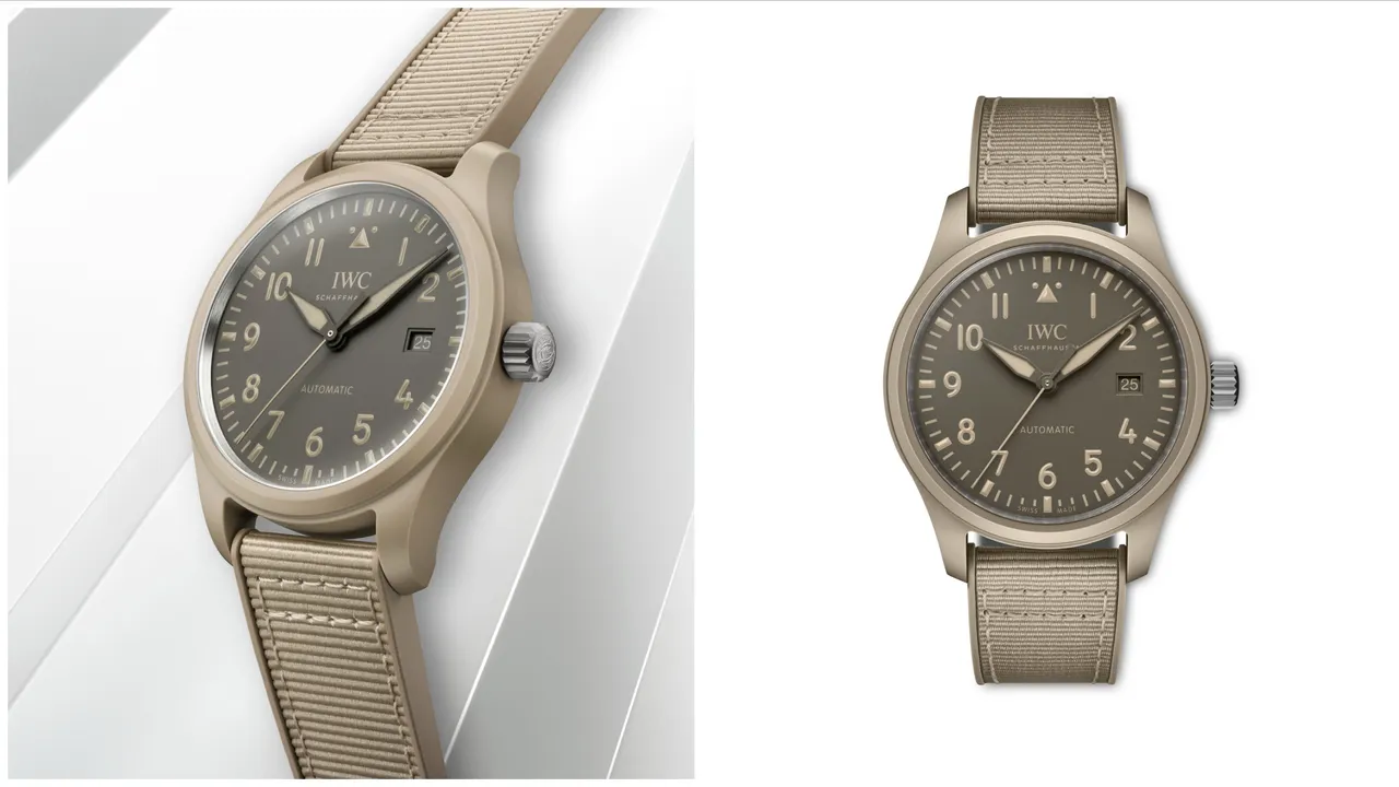 IWC飛行員系列TOP GUN海軍空戰部隊自動腕錶 41莫哈韋沙漠特別版 (型號 IW328106) ,41mm,沙色陶瓷錶殼 ,棕色錶盤 ,米色橡膠錶帶搭配鈦金屬針式錶扣,IW 萬國錶自製32112型自動上鍊機芯,動力儲存120小時 ,防水深度100米。品牌提供