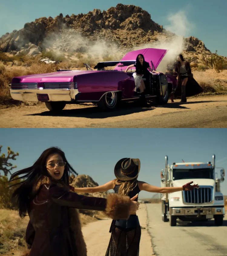 BLACKPINK車開到一半拋錨，Jennie（下圖左）、Lisa攔車求助。翻攝YouTube