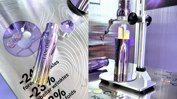 蘭蔻超緊顏醇肽三效精華，將精純A醇、精純維他命C和專利多胜肽3大抗老成分，獨立封存於三管艙體內。張家玲攝