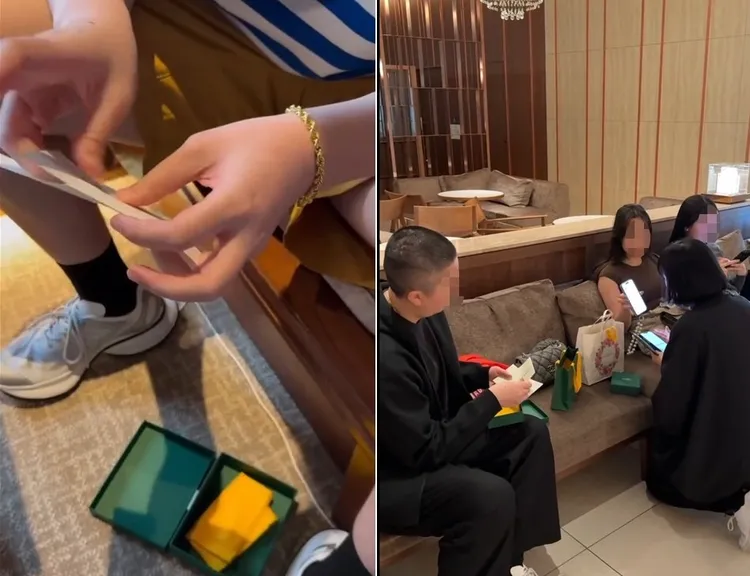 民眾在京都高島屋Goyard購買皮夾後，回到飯店才發現買到的竟是一只空盒(左)，右圖為店家收到客戶反映後將原購買皮夾送至飯店情形。翻攝自sophiebabies Threads