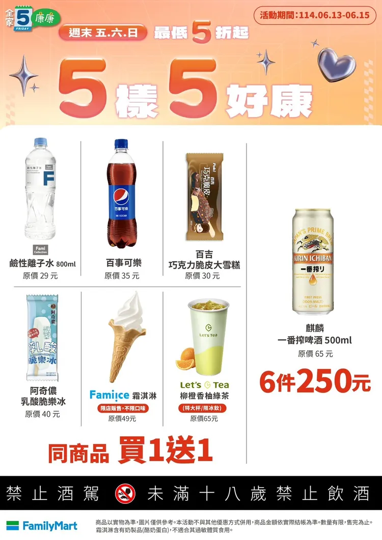 週末「康康五」優惠祭出6樣夯品買1送1。全家提供