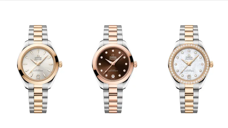 海馬Aqua Terra系列30毫米腕錶不鏽鋼-18K Moonshine金，左起58萬8000元、37萬元、34萬7000元。品牌提供