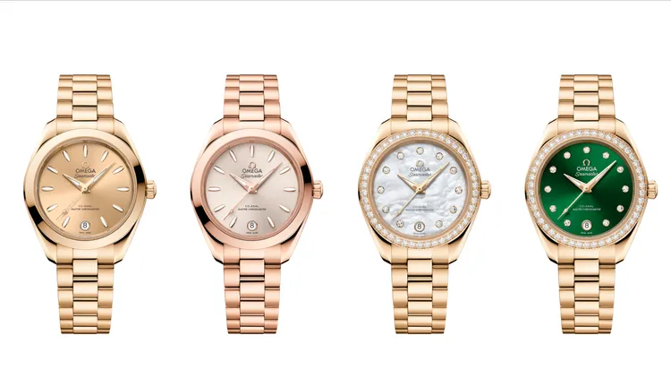 海馬Aqua Terra系列30毫米腕錶18K Moonshine金，左起2款101萬8000元、右2款125萬9000元、右1款124萬8000元。品牌提供