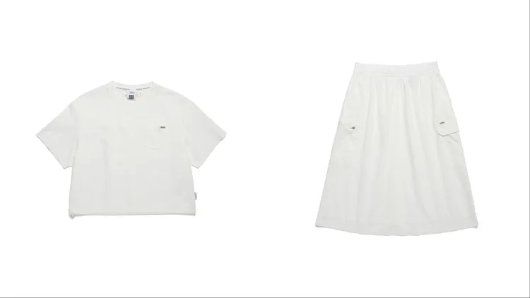 國家地理服飾女裝FROZEN AIR胸口袋涼感短袖上衣（左）2680元、FROZEN AIR涼感工裝長裙（右）4580元。品牌提供