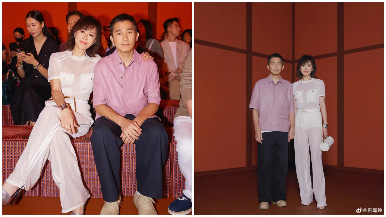 劉嘉玲(左圖左、右圖右)和丈夫梁朝偉一同欣賞愛馬仕在在上海舉辦的2025秋冬系列第二篇章發表,網友都在關注「社恐」梁朝偉「不安的小手」。翻攝劉嘉玲微博