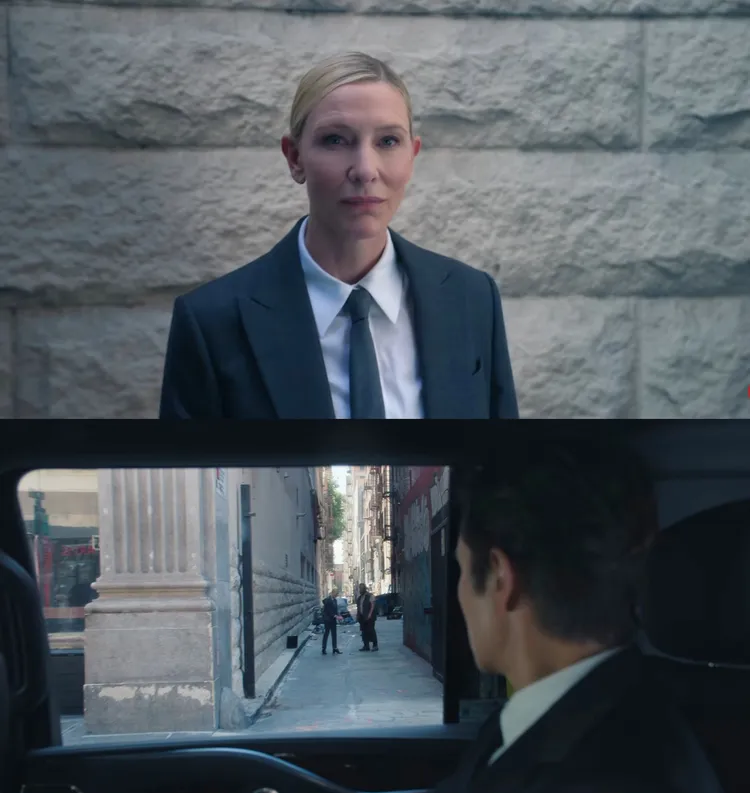 凱特布蘭琪變身「美國孔劉」，街頭打畫片尋找參賽者，黃東赫否認要找她翻衍生劇。翻攝Netflix