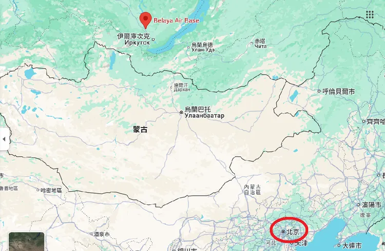 貝拉雅（Belaya）空軍基地（紅標）是距離中國首都北京（紅圈）最近的戰略轟炸機基地。翻攝GoogleMap