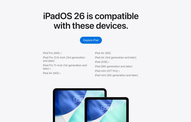 Apple公布iPad支援機種，搭載A10與A12等舊晶片的iPad將無法支援iPadOS 26。Apple官網