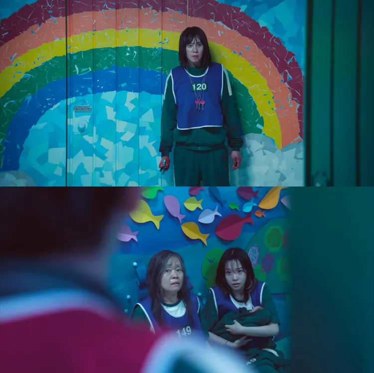 朴成焄（上圖）飾演的賢珠，在《魷魚遊戲3》幫助姜愛心（下圖左）、曹柔理而領便當。Netflix提供