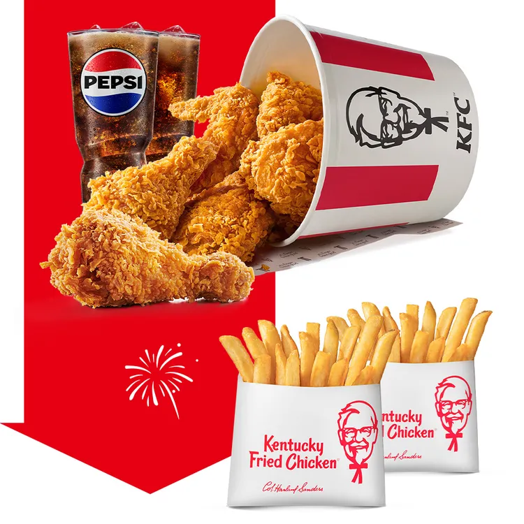 全新「超值狂歡桶」含6塊咔啦脆雞、2中杯百事可樂等，只要333元。肯德基提供