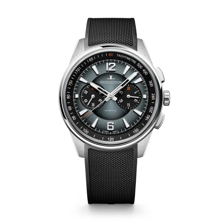 積家Jaeger-LeCoultre Polaris Chronograph計時腕錶海洋灰色款，42mm，精鋼錶殼，海洋灰色漆面錶盤，黑色橡膠錶帶，積家761型自動上鍊機械機芯，動力儲存65小時，防水深度100米。品牌提供