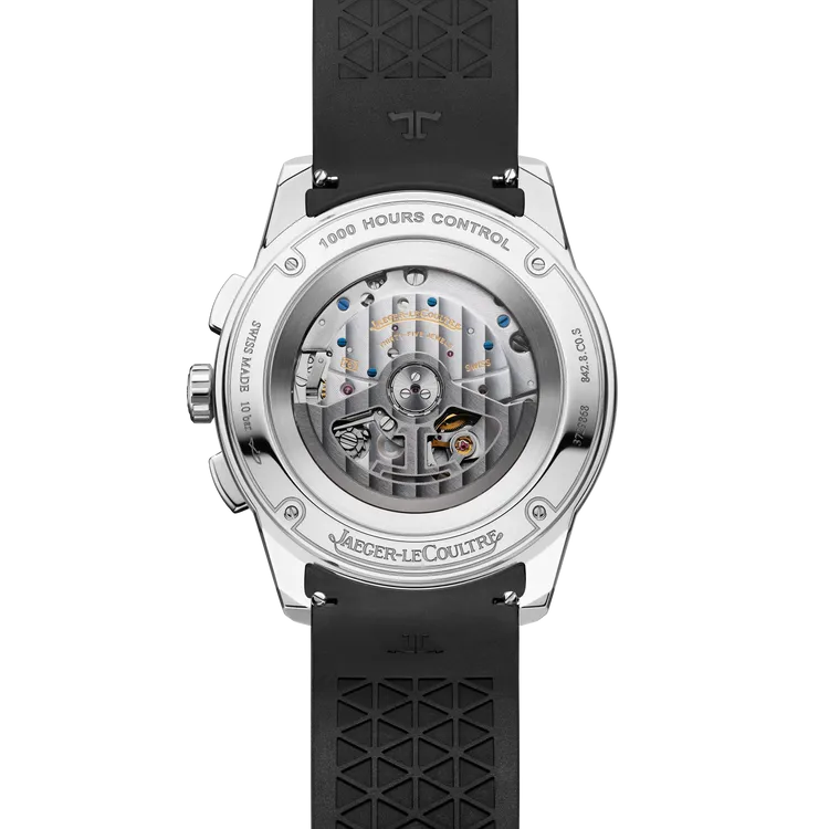 積家Jaeger-LeCoultre Polaris Chronograph計時腕錶海洋灰色款，42mm，精鋼錶殼，海洋灰色漆面錶盤，黑色橡膠錶帶另附藍灰色帆布錶帶，積家761型自動上鍊機械機芯，動力儲存65小時，防水深度100米。品牌提供