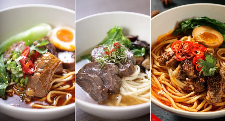 選擇「藝宿晶華」住房專案的旅客，還能前往故宮晶華享用屢獲國際殊榮的「晶華冠軍牛肉麵」雙人套餐，共有經典紅燒(左)、冠軍清燉(中)與鐵人麻辣(右)三款口味可供選擇。台北晶華提供