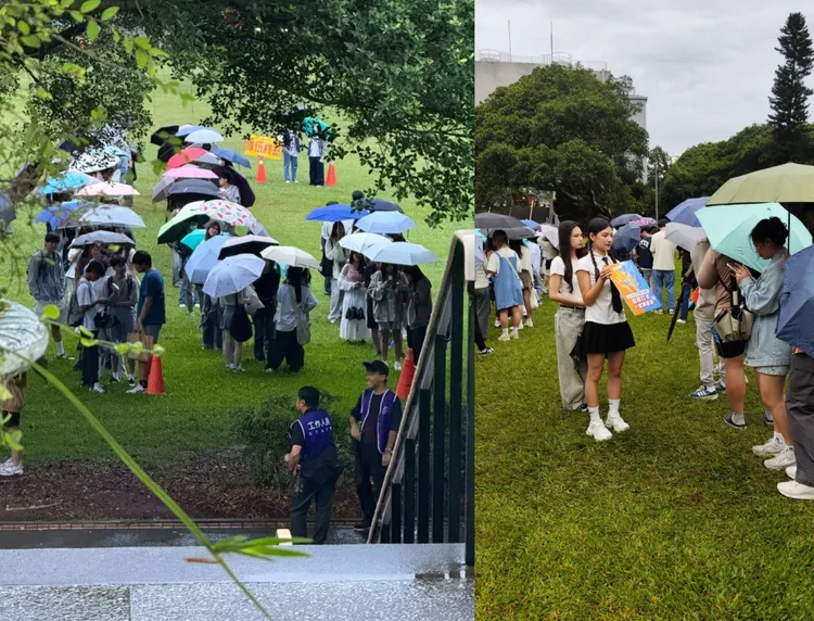 即使下雨，中原同學照樣拿雨傘排出一條彩虹長龍！現場打卡送麥香的參與度也非常踴躍。