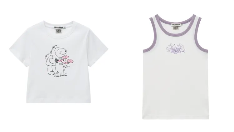 DAISY X MARITHÉ花卉熊熊TEE（左）1690元、滾邊無袖上衣（右）1490元。品牌提供