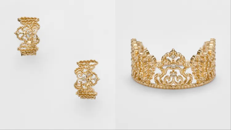agete 35周年限定蕾絲冠冕耳環（左）3萬2800元、蕾絲冠冕戒指（右）3萬9300元。品牌提供