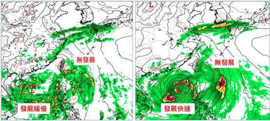 最新（7日20時）歐洲模式（ECMWF）12日上午8時模擬圖顯示，原掠過台灣東北部海面的熱帶擾動無發展，南海擾動則發展緩慢（左）；美國模式（GFS）12日上午8時亦有類似模擬，但南海擾動發展快速（右）。氣象應用推廣基金會