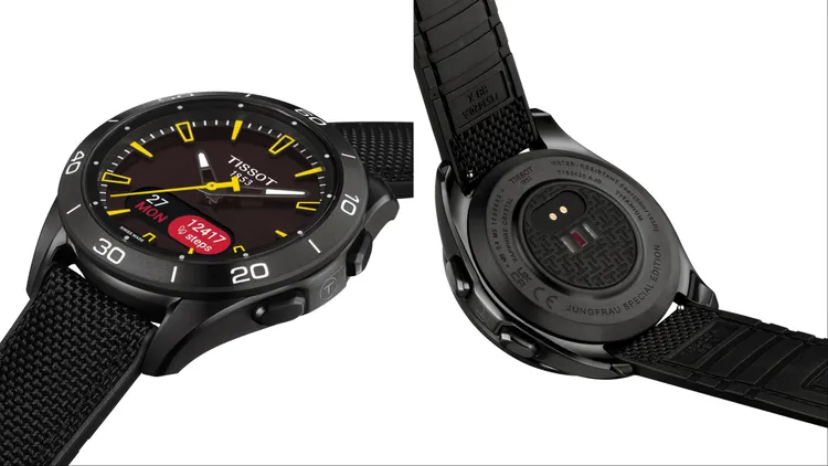 T-Touch Connect Sport運動版觸控腕錶的黃色時標和指針，呼應「少女峰鐵路」官方標誌顏色。品牌提供