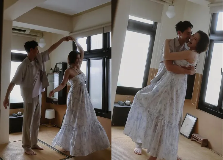 劉品言換上Club Monaco碎花洋裝在客廳與老公浪漫轉圈。翻攝劉品言IG