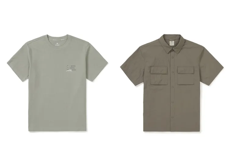Snow Peak Sorona圖案短袖T恤（左）1750元、Taslan兩口袋短袖襯衫（右）4150元。品牌提供