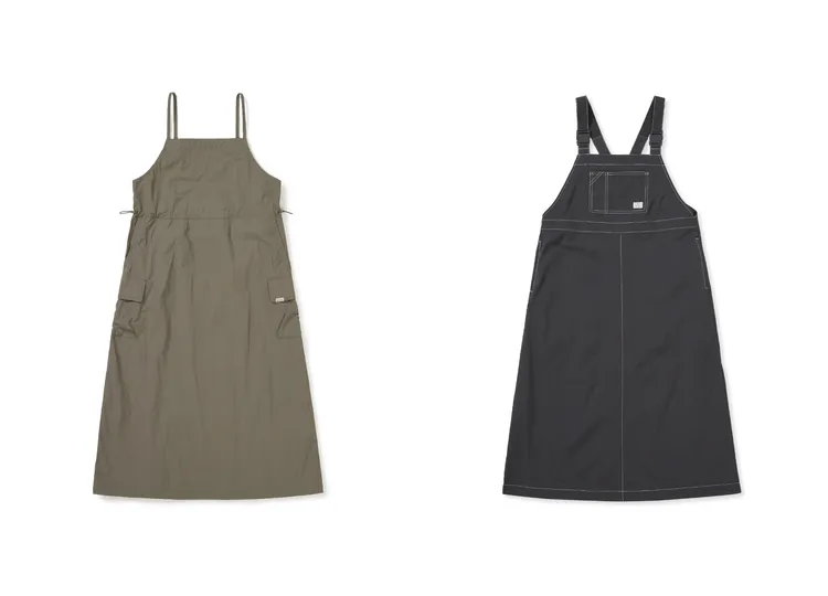 Snow Peak Taslan無袖洋裝（左）4400元、棉混紡吊帶裙（右）5290元。品牌提供