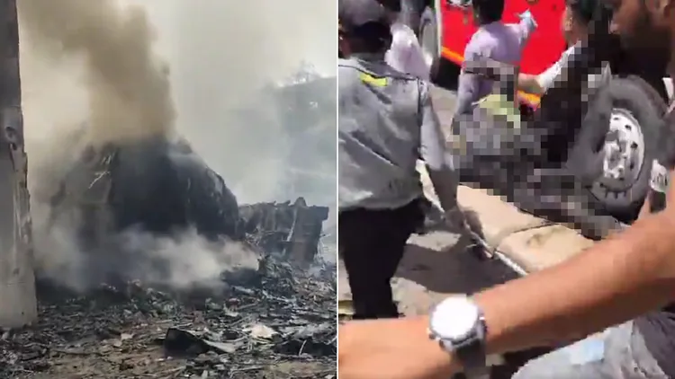 部分機身起火燃燒，救援人員抬出燒出焦炭的屍體。翻攝自X