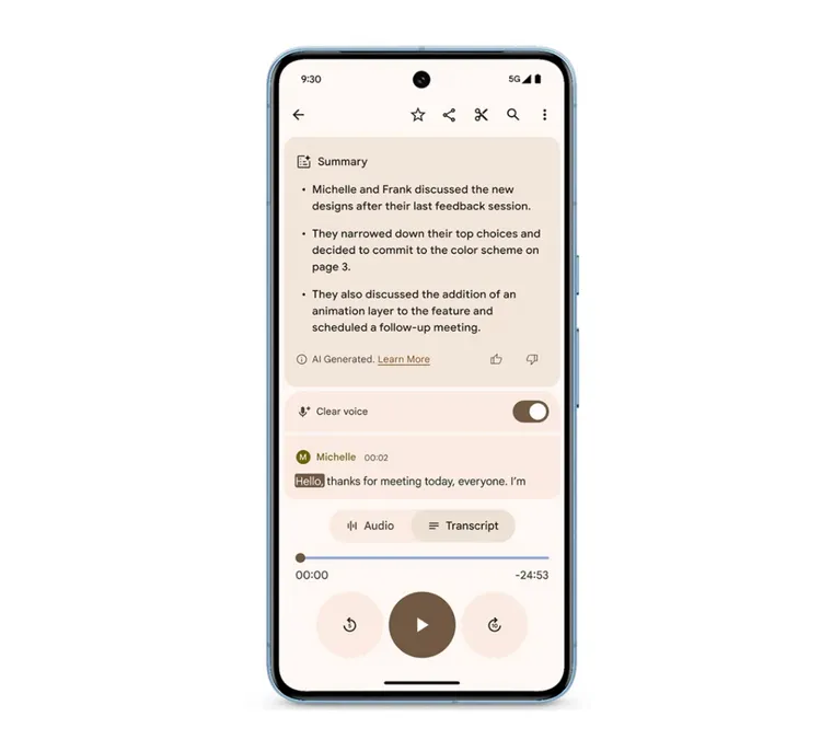 Pixel 8系列的手機可以使用「錄音工具」中的「清晰人聲」功能來輕鬆消除錄音檔案中的背景噪音。Google官網