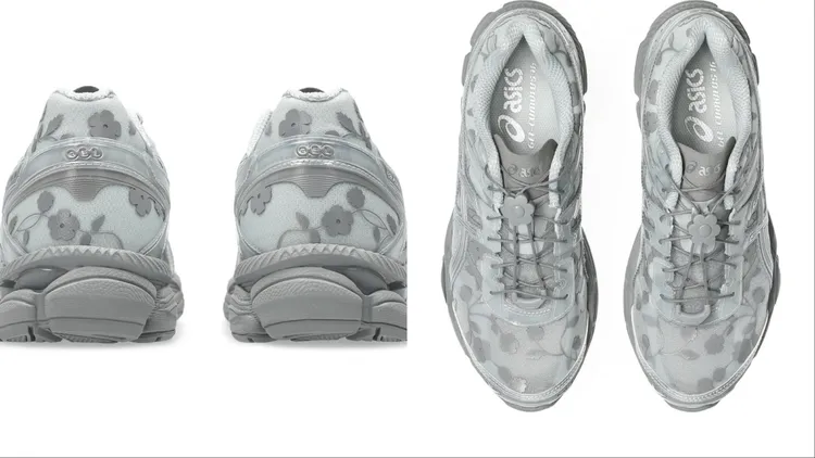 聯名鞋在半透明網布層次上點綴精緻花卉圖騰與花朵造型鞋扣。品牌提供