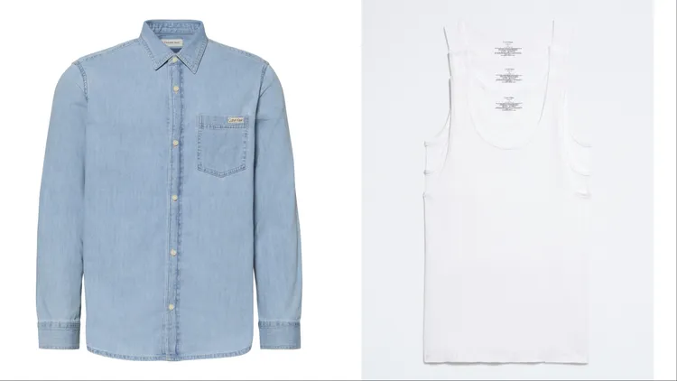 Calvin Klein丹寧襯衫（左）4680元、棉質彈性背心三件組（右）2380元。品牌提供