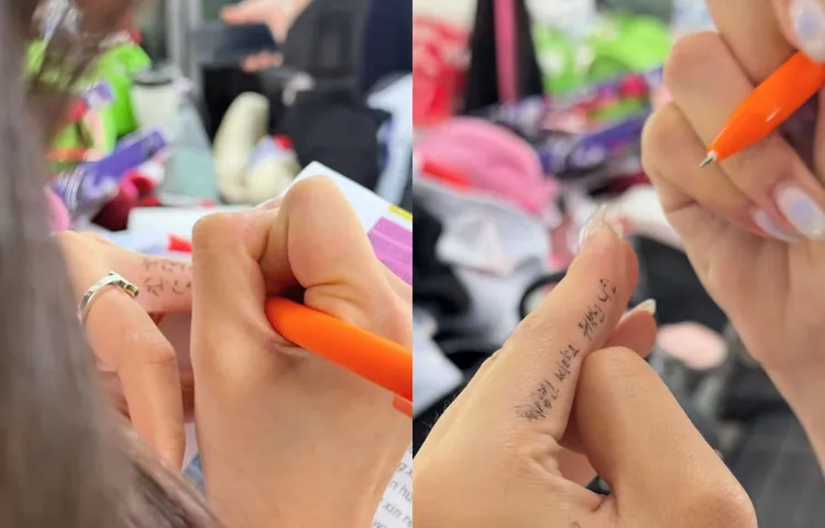 禹洙漢（左）、廉世彬在手指上放小抄。翻譯提供