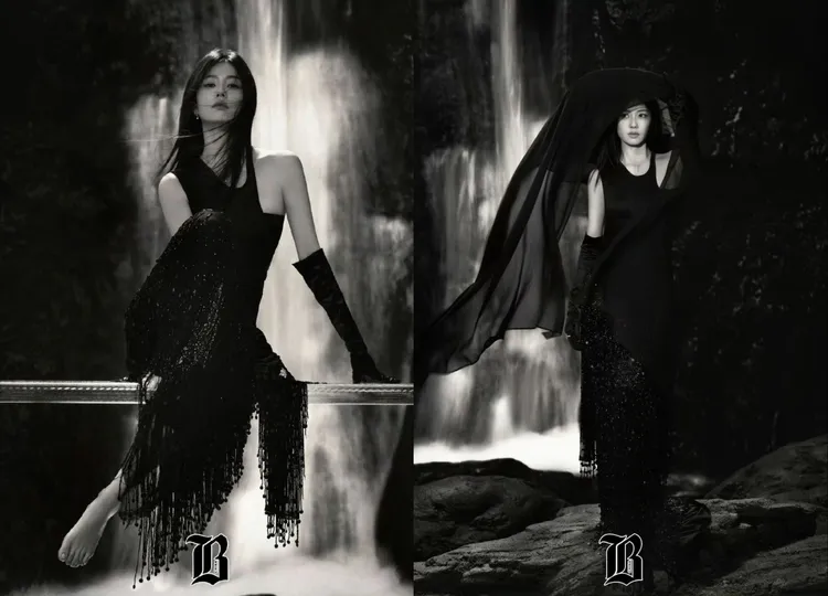 白鹿以Peet Dullaert單肩黑裙搭配緞面長手套。翻攝《Barbes》微博