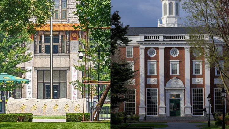 中國北京的中央黨校（左）是給一般幹部讀的，美國哈佛大學才是紅色權貴的黨校。路透社