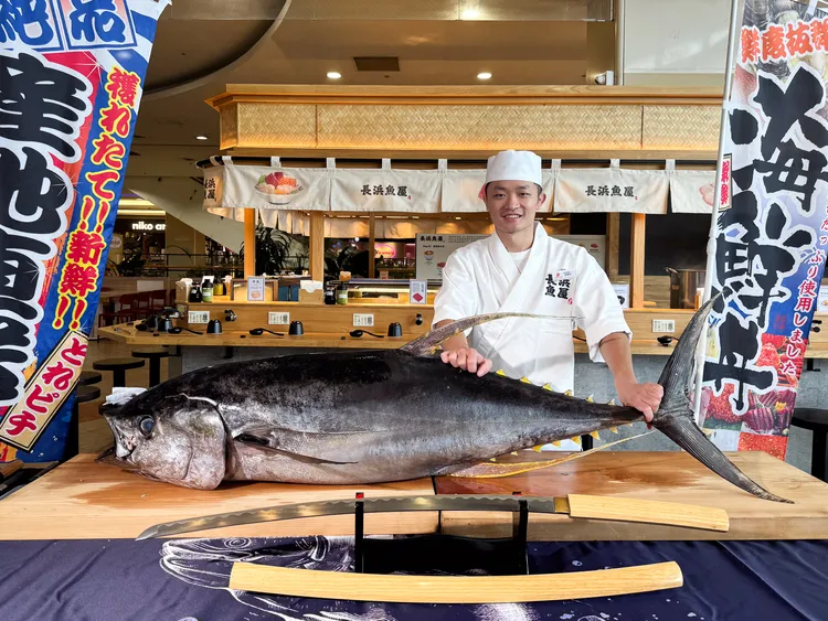 「長浜魚屋」中和環球店開幕首日上演整尾黑鮪魚現切秀。業者提供