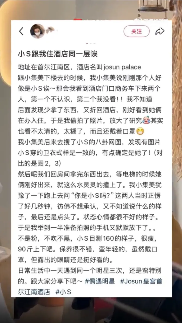 有中國網友表示自己在韓國首爾偶遇小S。翻攝微博