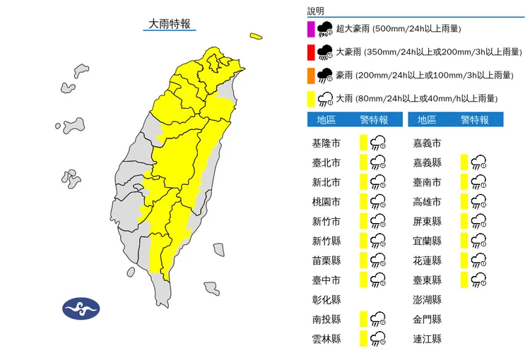 中央氣象署今（9）日午後針對17縣市發布大雨特報。中央氣象署