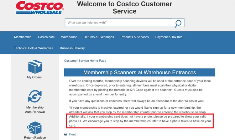 美國官網規定會員需掃卡入場，不過並未強制要求重拍照片。翻攝自美國好市多官網