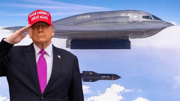 美國總統川普下令B-2戰略轟炸機，投擲「碉堡剋星」GBU-57炸彈。合成畫面。美聯社