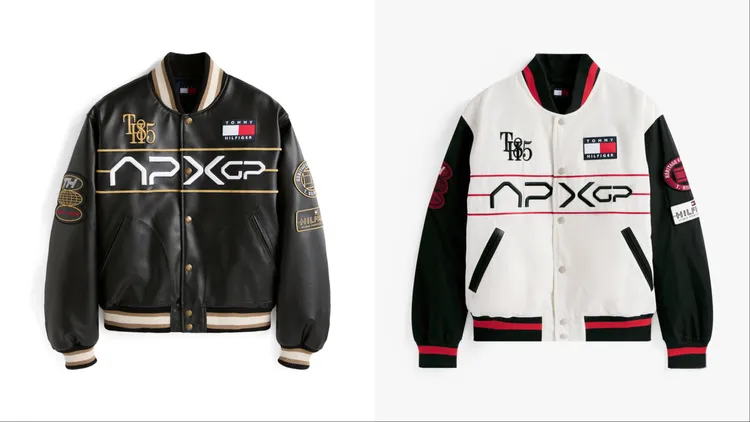 TOMMY HILFIGER「THE APXGP限量賽車系列」人造皮革大學外套（左）3萬2800元、賽車圖案大學外套（右）2萬800元。品牌提供