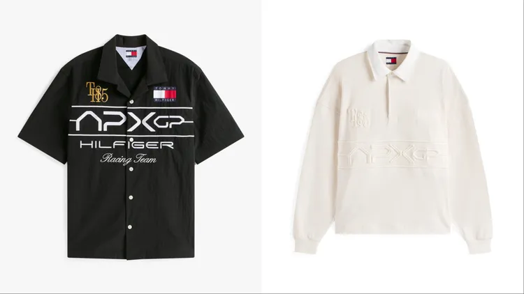 TOMMY HILFIGER「THE APXGP限量賽車系列」大學運動衫6180元（左）、輕薄羊毛混紡針織Polo衫（右）7580元。品牌提供
