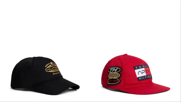 TOMMY HILFIGER「THE APXGP限量賽車系列」黑色棒球帽2780元（左）、紅色棒球帽（右）2180元。品牌提供