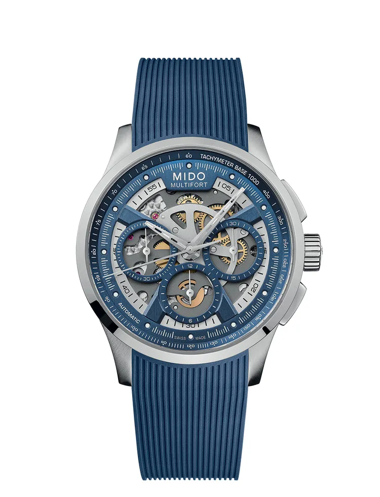 MIDO Multifort Skeleton Chronograph藍色款，7萬7000元。品牌提供